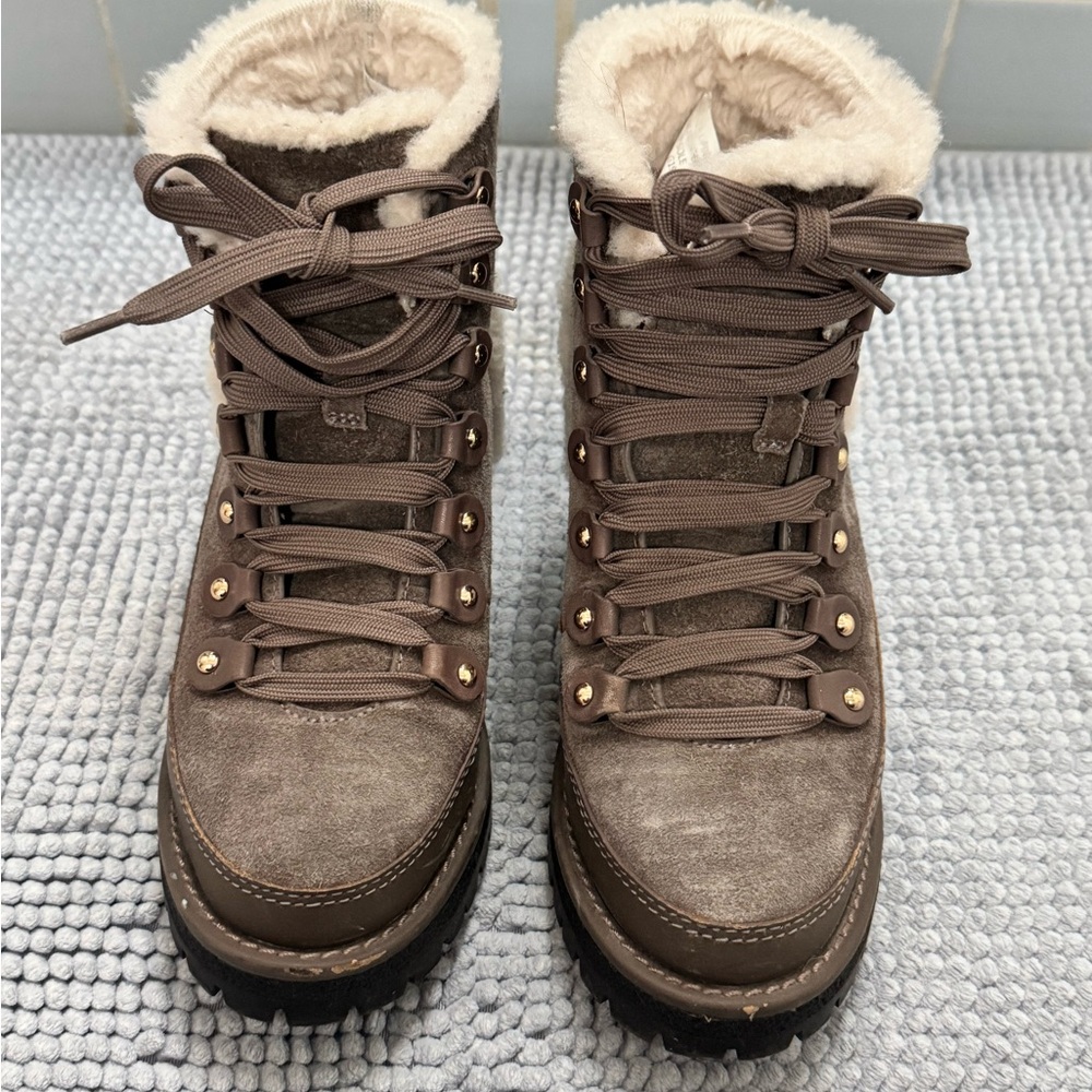 Tory Burch Brown Suede Faux-Fur Lined Lace-Up Winter Boots